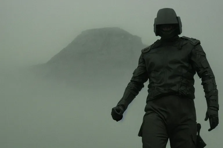 Prompt: still from bladerunner 2049 (2017) man wearing black tactical gear armor. mountain in background ((obscured by fog)) volumetric raining. green hill. Cyberpunk soldier holding rifle intimidating, reflective visor, emissive details. dark low exposure overcast skies. Cybernetic arm robotic arm metal reflective.