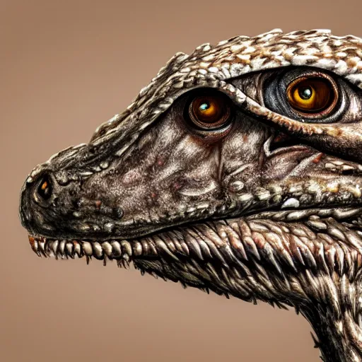 Prompt: head and shoulders of velociraptor in style of Dave Hill Photograph