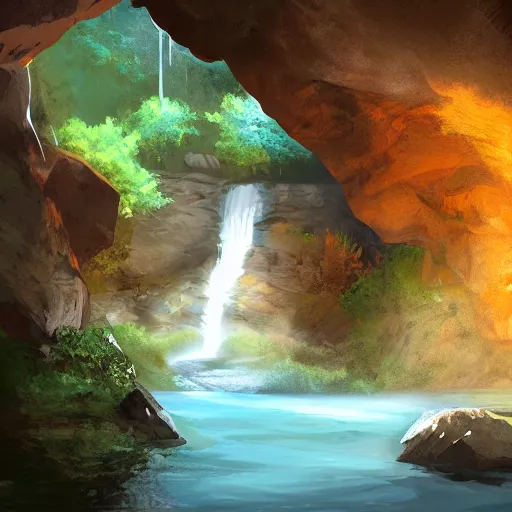 Prompt: digital art of an entrance to a cave, artstation, tomb raider, waterfall, river, mountain, rocks