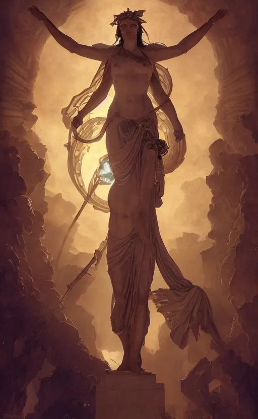 Prompt: solarpunk four armed statue of the goddess of the sun helios descending from olympus, four arms, dramatic lighting, ray tracing, deep shadows, artstation, concept art, smooth, sharp focus, illustration, art by artgerm and greg rutkowski and alphonse mucha and william adolphe bouguereau and john william waterhouse and gianlorenzo bernini