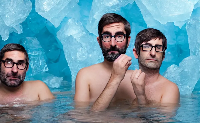 Image similar to Adam buxton and louis theroux in an ice bath, bath of ice, cold, odd, depth of field, photorealistic