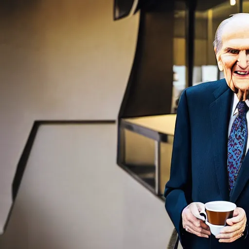 Prompt: photo of Russell M Nelson in a suit drinking coffee, fashion shoot, branding, pr shoot, pristine and clean,