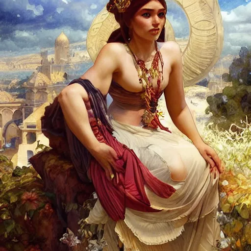 Prompt: mesopotamian eve eating fruit from the tree of knowedge of good and evil in the gardnen of eden, highly detailed, digital painting, artstation, concept art, smooth, sharp focus, illustration, artstation, art by artgerm, greg rutkowski, alphonse mucha, ilya repin and charlie bowater