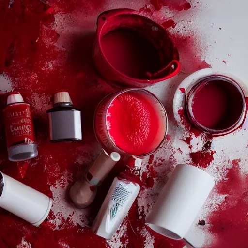 Image similar to a clean studio photography set, there is a bucket of red paint in the middle and it has just exploded, there is paint EVERYWHERE