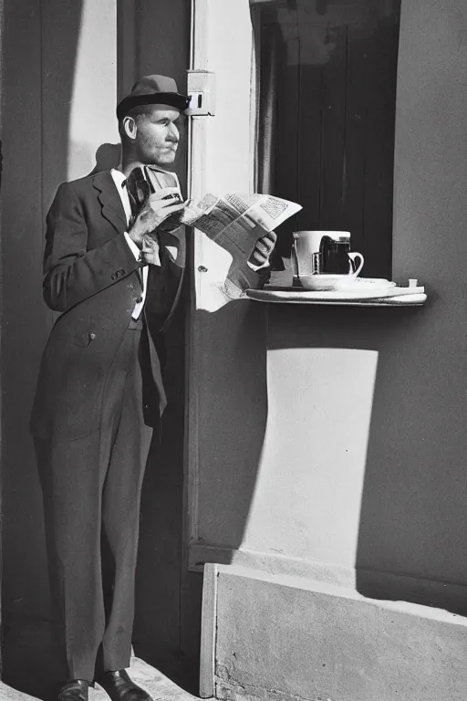 Prompt: a 1 9 5 0 s detective standing outside his office with a coffee and a newspaper in his hand. sunrise.