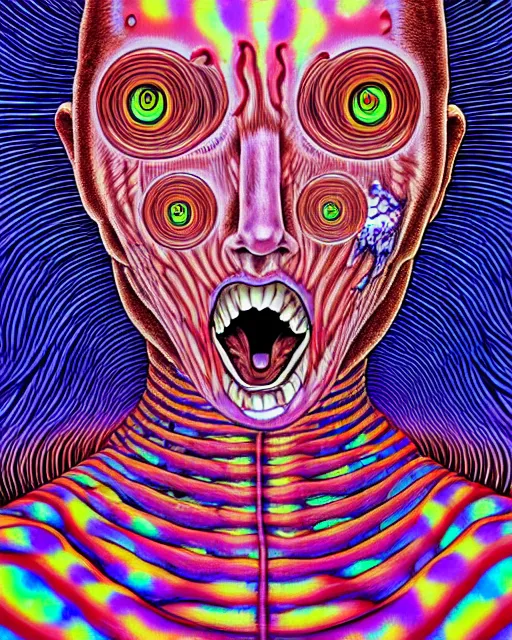 Prompt: human body breaking away, conjuring psychedelic illustration, part by shintaro kago, part by alex gray, ultra realistic, highly detailed, 8 k, trending on artstation, symmetry