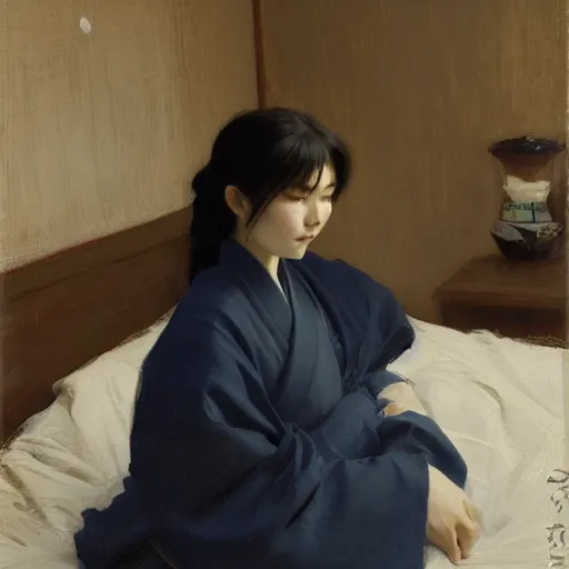 Image similar to girl with flowing dark hsir, in kimono, frontview, sitting on edge of bed, big chest by jeremy lipking, tim rees, joseph todorovitch