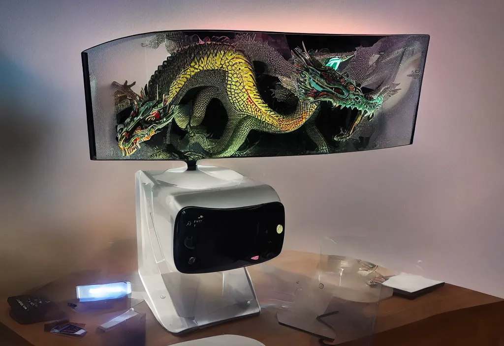 Image similar to curved transparent 3 dtv dragon popping out of tv, volumetric lighting, bedroom, visor, users, pair of keycards on table, bokeh, creterion collection, shot on 7 0 mm, instax