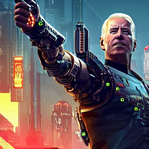 Image similar to joe biden as a cyborg in cyberpunk 2 0 7 7, technological, movie footage, high - tech, still frame