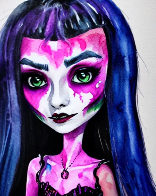 Prompt: colorful watercolor portrait of monster high draculaura doll, by sabrina eras, alice x. zhang, agnes - cecile, blanca alvarez, very detailed