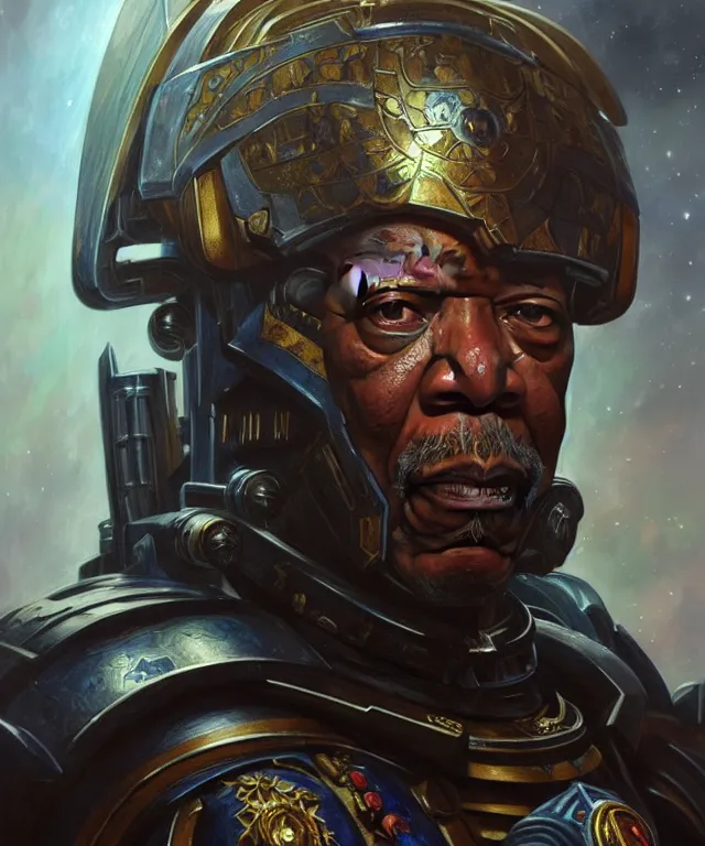 Prompt: morgan freeman as the warhammer 4 0 k space marine emperor, portrait, fantasy, intricate, elegant, highly detailed, digital painting, artstation, concept art, smooth, sharp focus, illustration, art by artgerm and greg rutkowski and alphonse mucha