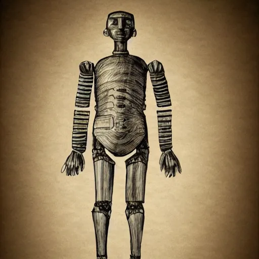 Image similar to technical drawing of ancient womanized!! humanoid robot, symmetrical, anatomically correct, full body length, old historical photo, ancient paper, photorealistic