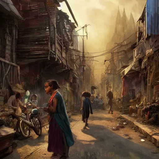 Image similar to slum neighborhood in lord of the ring world, fantasy, on artgerm, ilya yefimovich repin style, hyperrealistic content, high definition content, intricate, delete duplicate content, justify content center, ultra detailed content, realistic human content, 5 dark tone colors