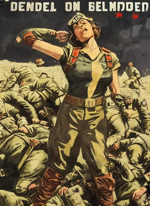 Image similar to female captain america standing on a pile of defeated german soldiers. wwii american propaganda poster by james gurney