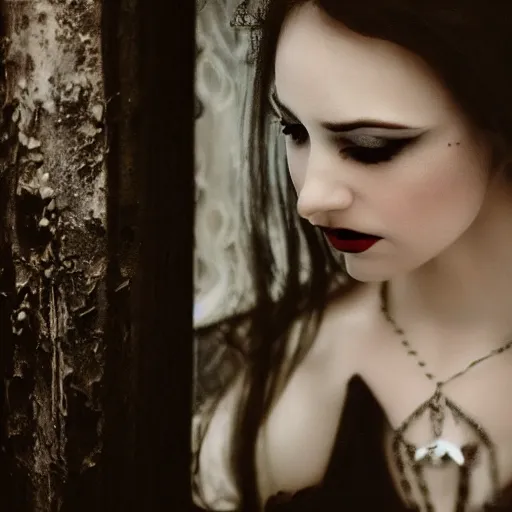 Image similar to A beautiful portrait of a lady vampire, victorian, dracula, ominous, depth of field, bokeh, irwin penn, soft light, cinematic