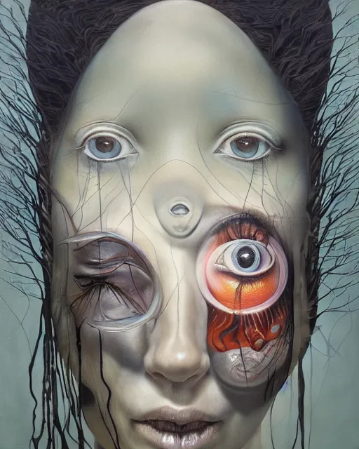 Image similar to strange surrealist, looming, biomorphic painting of a woman with large eyes by dali, marco mazzoni, james jean, charlie immer and jenny saville, fluid acrylic, airbrush art, timeless disturbing masterpiece