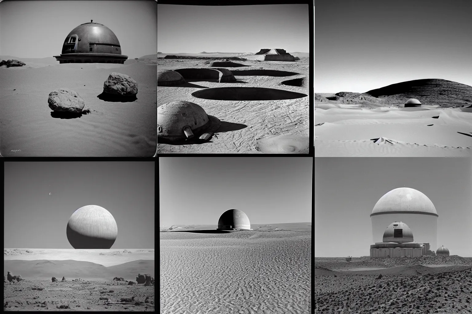 Prompt: Tatooine from star wars photographed by Ansel Adams using a Kodak Speed Graphic in 2 by 4 inch format.