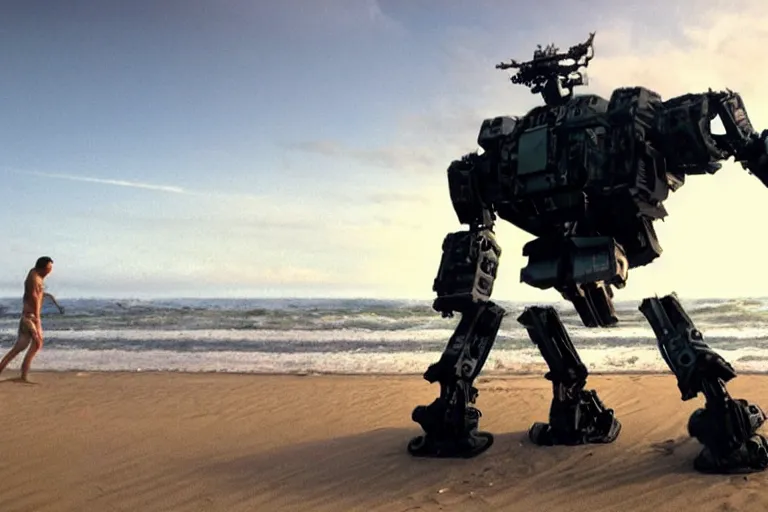 Image similar to cinematography of a giant mech on the beach in Santa Monica by Emmanuel Lubezki