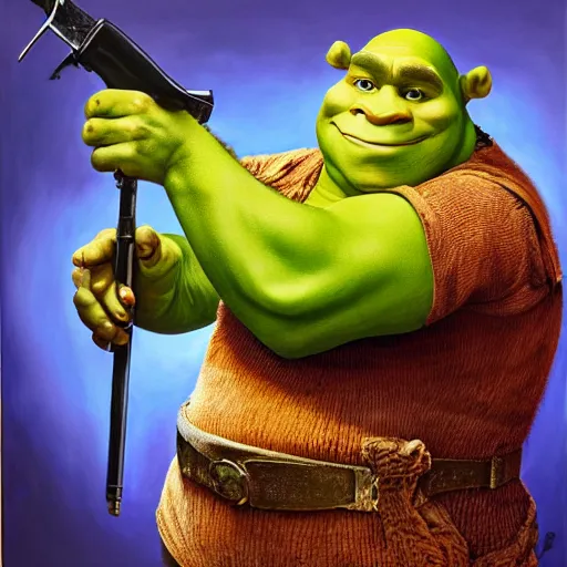 Image similar to hyper realistic oil painting of shrek holding a weapon in the back rooms