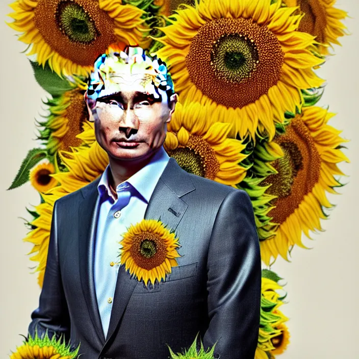 Image similar to photo portrait of Vladimir Putin - sunflowers - dressed in leisure shirt with ornamental ethereal sunflower pattern, natural skin tone, highly detailed realistic flowers ornament on the shirt, raging war and explosions in the background, face is highly detailed, elegant, Realistic, Refined, Highly Detailed, natural soft pastel lighting colors scheme, fine art photography by Cecil Beaton, volumetric lighting, hyper realistic photography