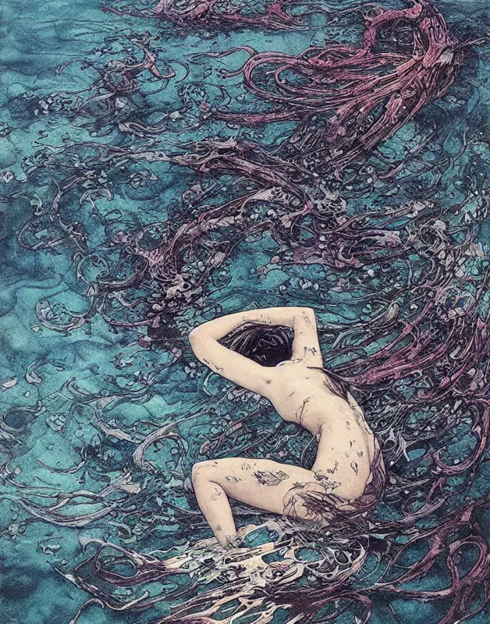 Prompt: a mermaid with big fins swimming deep underwater amongst seaweed and sea creatures, mermaid, beksinski painting, part by adrian ghenie and gerhard richter. art by takato yamamoto. masterpiece, dark and moody, deep colours, blue