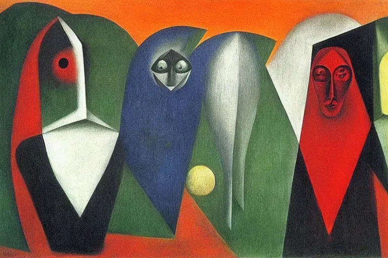Prompt: born under a bad sign, good luck and trouble are my only friends, colors white!!, orange, dark green, dark blue, abstract oil painting by leonora carrington, by max ernst