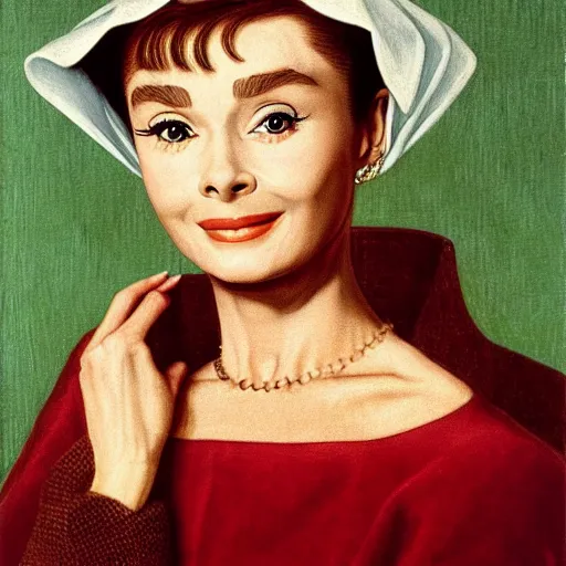 Prompt: audrey hepburn art by jan van eyck