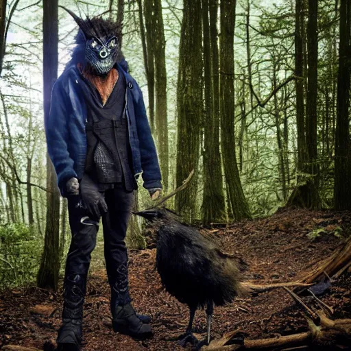 Image similar to werecreature consisting of male human and crow, photograph captured in a forest