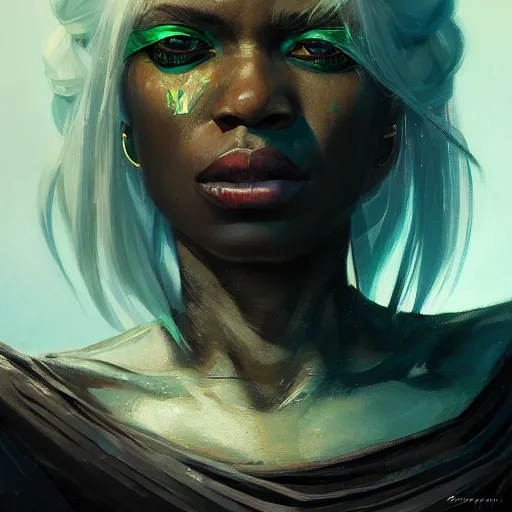 Image similar to A head-on detailed oil fantasy portrait of a black woman with green eyes and long white hair by greg rutkowski, trending on artstation, dungeon and dragons art