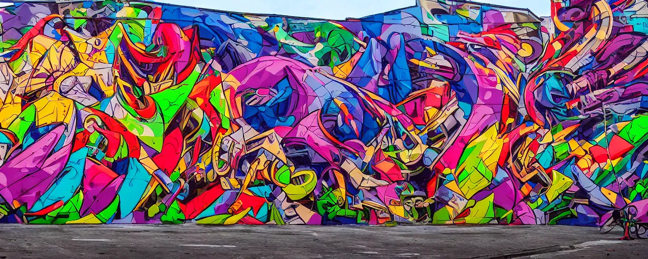 Image similar to a mural by loomit in street art style, graffiti painting, hyperdetailed, colorful, 3 d, perspective, dynamic, plastic, complex, intricate