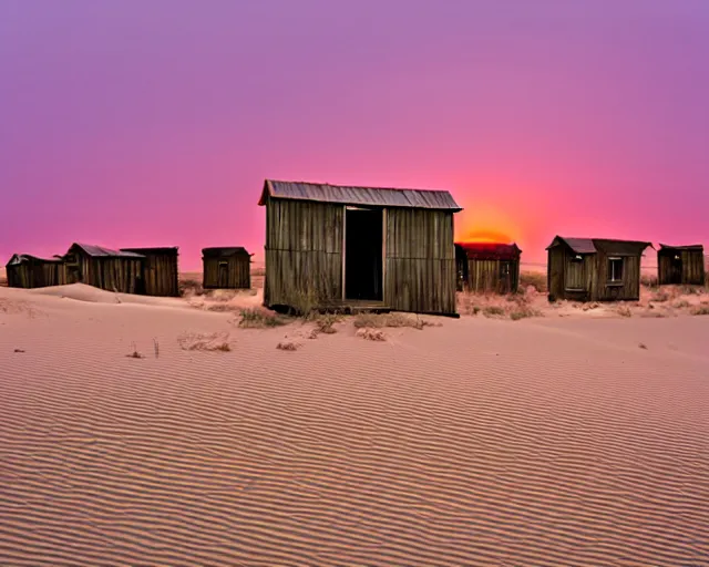 Image similar to sand dunes, empty abandoned shacks, setting sun, black, purple, and red