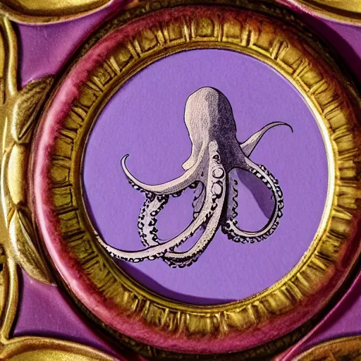 Image similar to close - up lilac envelope letter stamped with a wax seal with an octopus emblem, intricate hyper detailed ultra sharp, sharp focus, global illumination, painting, museum, masterpiece, vermeer, radiant light, 4 k, ultra hd,