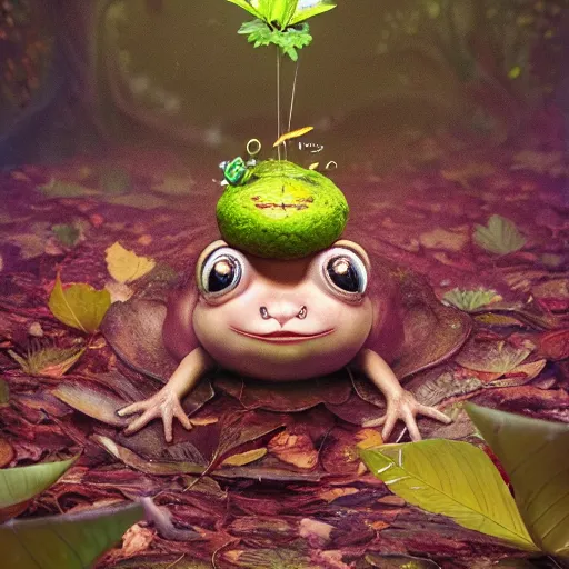 Prompt: funny long shot of a crazy toad baby sitting in a leaf cup, by esao andrews, by m. w. kaluta, ultra humorous illustration, small depth of field, perspective perception, volumetric light, psychedelic colors, 3 d octane render, 8 k, conceptart, hyperdetailed, hyperrealistic, trending on artstation