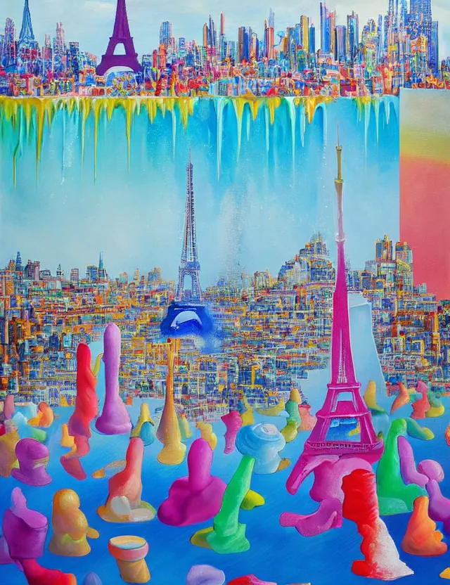 Image similar to a funny painting of ice sculptures made of colorful melting icecream in the shape of the skyline of paris and 1 eiffel tower on a very bright sunny summer day, very hot and the ice is melting fast and people are swimming their way through the icecream in the style of james jean and fernando botero