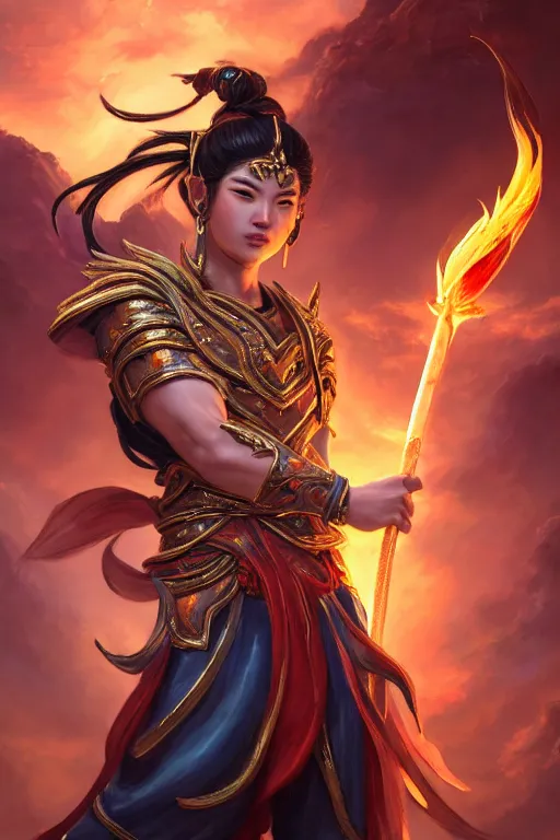 Image similar to a masterpiece portrait of nezha, legendary god holding spear, boy, flame everywhere, epic pose, fantasy character portrait, closeup shot, hyper detailed, digital painting, 8 k realistic, trending on artstation, sharp focus, dof, by fenghua zhong, artgerm, ne zha from smite, jeff easley, raymond swanland