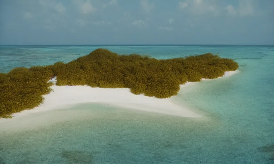 Image similar to 35mm film still, morning light over an island in the maldives, color palette of gold