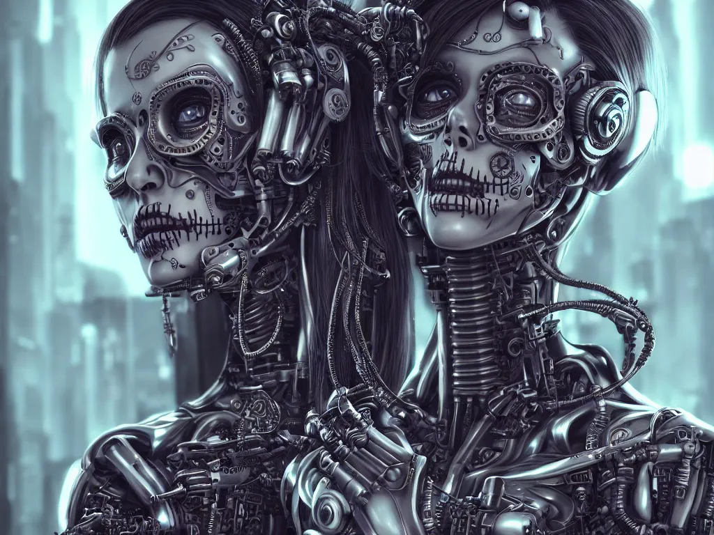 Prompt: ultra detailed, Mechanical Cyberpunk Female Android, dia de los muertos, scifi, cyberpunk, fantasy, intricate details, eerie, movie still, airbrush, elegant, super highly detailed, professional digital painting, artstation, concept art, smooth, sharp focus, no blur, no dof, extreme illustration, Unreal Engine 5, Photorealism, HD quality, 8k resolution, cinema 4d, 3D, beautiful, cinematic, art by artgerm and michael welan and DZO and greg rutkowski and alphonse mucha and loish and WLOP