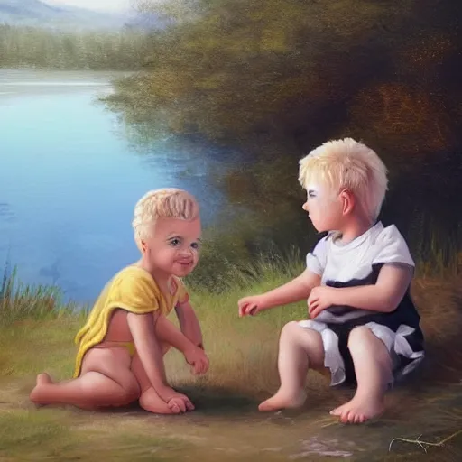 Image similar to a blond white toddler and a black toddler with short curly hair play by a forest and lake, [ oil painting ]!!, trending on cgsociety, 4 k