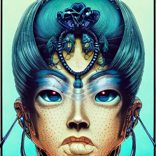 Prompt: portrait closeup of crazy genie, symmetrical, by yoichi hatakenaka, masamune shirow, josan gonzales and dan mumford, ayami kojima, takato yamamoto, barclay shaw, karol bak, yukito kishiro