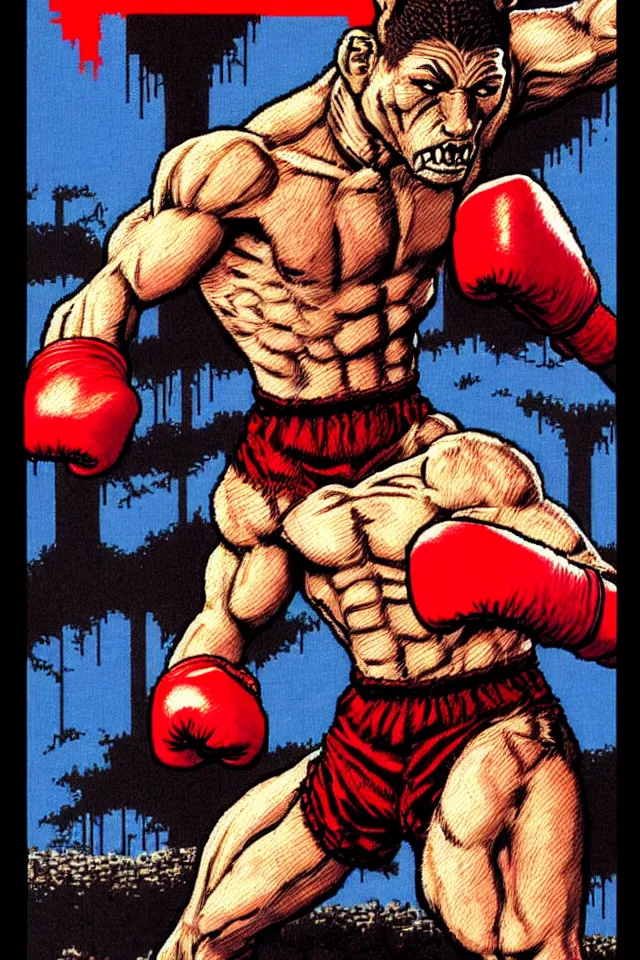 Image similar to long shot. 8 bit nes graphics. antropomorphic muscular masculine wolf. kickboxer fighter, in shorts. wolf head. fine details, very sharp, art from nes game cartridge, marc simonetti and hermann nitsch