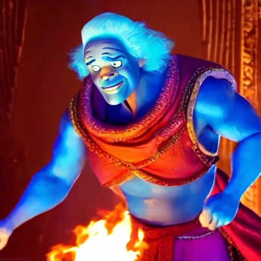 Image similar to doc brown as genie with blue skin in the movie aladdin, movie still 8 k hdr atmospheric lighting