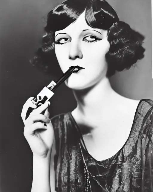 Prompt: 1 9 2 0 s photo of a flapper girl smoking a juul ecig vape