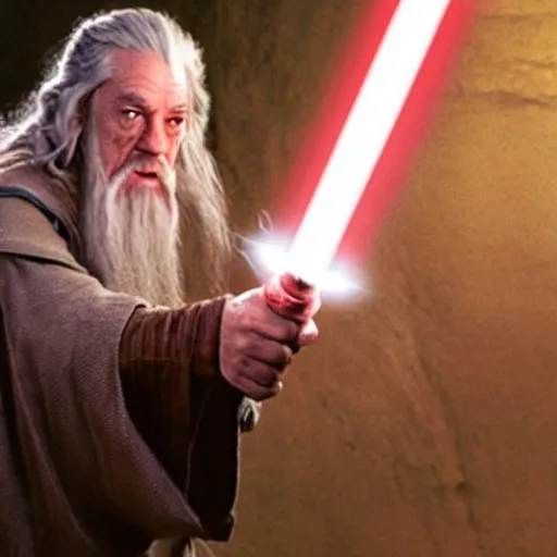 Image similar to gandalf fighting with a lightsaber in the star wars universe, dramatic lighting,
