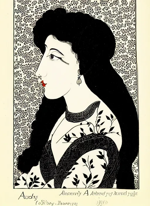 Image similar to a portrait of a pretty young lady by aubrey beardsley