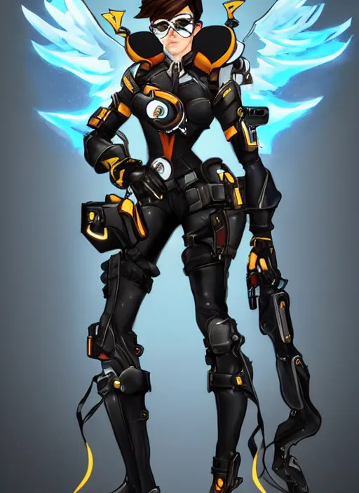 Image similar to full body artwork of tracer overwatch wearing leather collar, angel wings, dramatic painting, symmetrical composition, wearing detailed leather collar, black shiny armor, chains, black harness, detailed face and eyes,