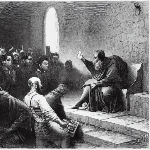 Image similar to steve jobs breaks the tablets of the law by gustave dore.