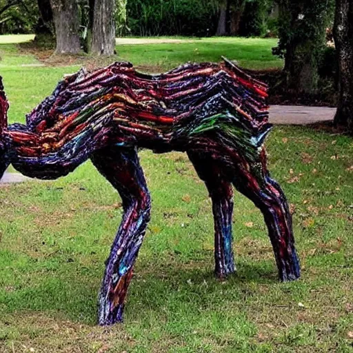 Image similar to A carnivorous deer sculpture made entirely from roadside traffic barrels