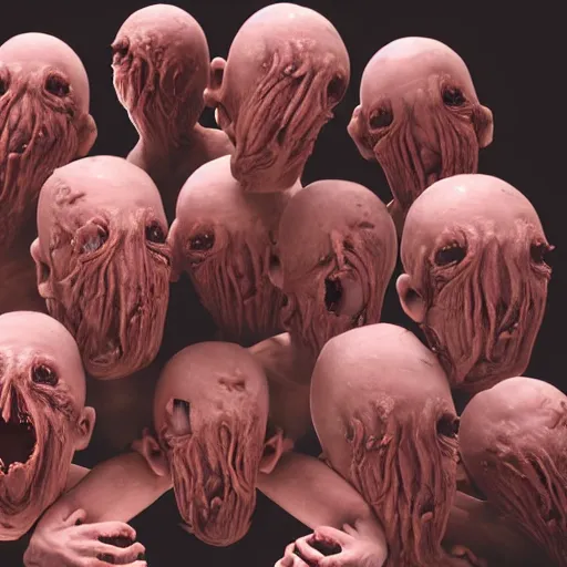 Image similar to a giant faceless head sprouting growths that are human torsos heads and arms extending their limbs out in horror very cinematic hyperreal body horror grotesque gross weird