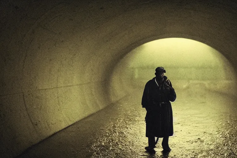 Prompt: a cinematic!! headshot photograph!! of a beautiful homeless war veteran, stood in a tunnel, rain, film still, cinematic, dramatic lighting, by bill henson