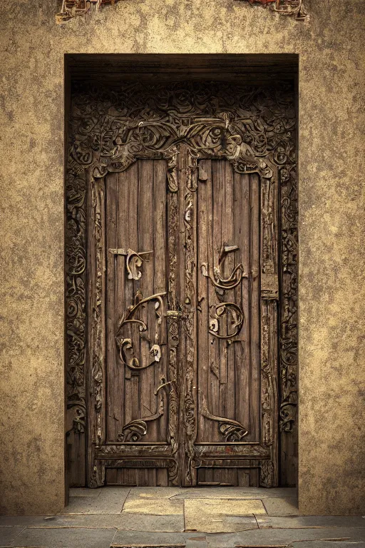 Image similar to a huge old weathered dark wooden door made with shiny metallic rush plant ornaments, reflecion, ornate, fantasy, photorealistic, octane render, high definition, ultra detailed, trandind on artstation, midjourney